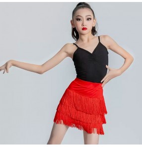 Girls fringe latin dance dresses red black neon green royal blue tassels salsa performance skirts kids latin stage performance outfits for girls